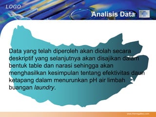 LOGO 
Analisis Data 
Data yang telah diperoleh akan diolah secara 
deskriptif yang selanjutnya akan disajikan dalam 
bentuk table dan narasi sehingga akan 
menghasilkan kesimpulan tentang efektivitas daun 
ketapang dalam menurunkan pH air limbah 
buangan laundry. 
www.themegallery.com 
 