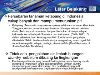 LOGO 
Latar Belakang 
Persebaran tanaman ketapang di Indonesia 
cukup banyak dan mampu menurunkan pH 
 Ketapang (Terminalia catappa) merupakan salah satu tanaman khas Asia 
Tenggara, namun persebarannya tersebar di hampir seluruh belahan 
dunia. Terkhusus di Indonesia, banyak ditemukan di hampir wilayah 
Indonesia kecuali wilayah Sumatera dan Kalimantan (Galih, 2011). Di 
dalam selembar daun ketapng memiliki 12 jenis tannin yang dapat 
dihidrolisis. Selain itu daun dan buahnya mengandung asam orgnik lain 
seperti asam gallic, ellagic, corilagin, dan brevifolin (Plant Resource of 
South-East Asia Fondation). 
 Tidak ada pengolahan air limbah buangan 
laundry sebelum dibuang ke lingkungan 
• Pembuangan limbah yang berasal dari kegiatan usaha laundry masih 
dibuang ke lingkungan tanpa ada pengolahan. Limbah laundry 
mengandung senyawa aktif metilen biru (surfaktan) yang sulit 
terdegradasi dan berbahaya bagi kesehatan maupun lingkungan. 
www.themegallery.com 
 
