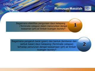 LOGO 
Rumusan Masalah 
1 Bagaimana efektifitas pengunaan daun ketapang 
(Terminalia catappa) dalam menurunkan derajat 
keasaman (pH) air limbah buangan laundry? 
2 
Bagaimana pengaruh berat (gram) dan bentuk (lembaran dan 
serbuk kasar) daun ketapang (Terminalia catappa) 
terhadap penurunan derajat keasamaan (pH) air limbah 
buangan laundry? 
 