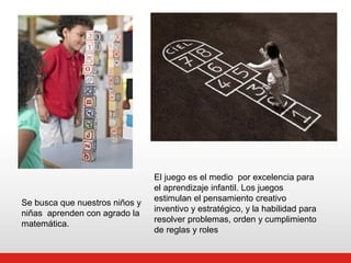 Se busca que nuestros niños y
niñas aprenden con agrado la
matemática.

El juego es el medio por excelencia para
el aprendizaje infantil. Los juegos
estimulan el pensamiento creativo
inventivo y estratégico, y la habilidad para
resolver problemas, orden y cumplimiento
de reglas y roles

 