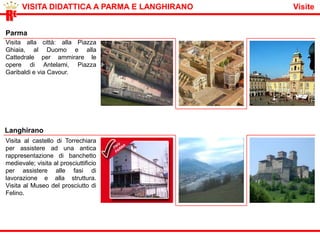          STORIA : “ la lavorazione del prosciutto ”                                            Lezione 1Le cosce si fanno prosciutti. Tutti in fila appesi alle scalere negli stanzoni e nelle cantine interrate a maturare, stagionare appunto. Il profumo intenso che ricolma l’ambiente connota la garanzia del prodotto finito raggiunto.REI prosciutti, ordinatamente appesi uno in fila all’altro, vengono “puntati” da un ago di osso di cavallo: un gesto preciso e cruciale, volto a stabilire il risultato qualitativo raggiunto.StagionaturaSpillaturahttp://www.museidelcibo.it/page.asp?IDCategoria=234&IDSezione=984