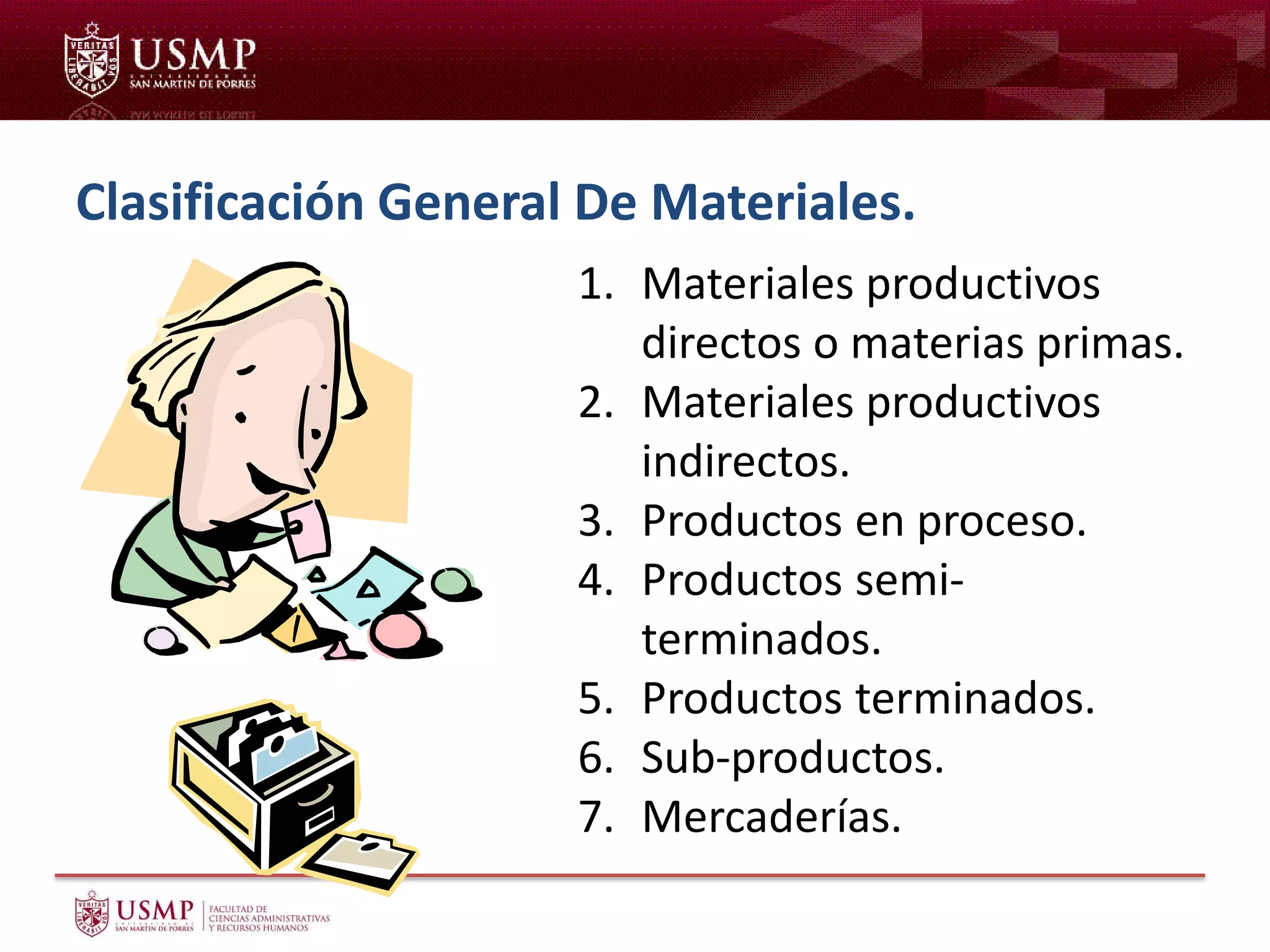 Clasificación General De Materiales.
1. Materiales productivos
directos o materias primas.
2. Materiales productivos
indirectos.
3. Productos en proceso.
4. Productos semi-
terminados.
5. Productos terminados.
6. Sub-productos.
7. Mercaderías.
 