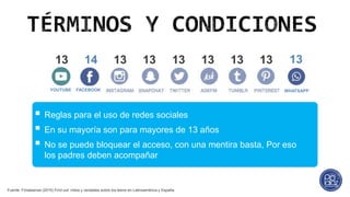  Reglas para el uso de redes sociales
 En su mayoría son para mayores de 13 años
 No se puede bloquear el acceso, con una mentira basta, Por eso
los padres deben acompañar
Fuente: Findasense (2015) Find out: mitos y verdades sobre los teens en Latinoamérica y España
13 14 13 13 13 13 13 13 13
FACEBOOKYOUTUBE WHATSAPP
 
