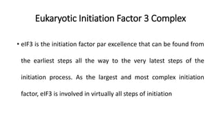 Eukaryotic Initiation Factor 3 Complex
• eIF3 is the initiation factor par excellence that can be found from
the earliest steps all the way to the very latest steps of the
initiation process. As the largest and most complex initiation
factor, eIF3 is involved in virtually all steps of initiation
 