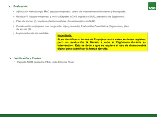  Evaluación:
• Aplicación metodología MAC (equipo-empresa): tareas de levantamiento/descenso y transporte.
• Realizar IT (equipo-empresa) y envía a Experto ACHS (ingresa a SAP), presencia de Ergónomo.
• Plan de Acción (I), implementación medidas, Re-evaluación con MAC.
• Puestos críticos (siguen con riesgo alto: rojo y morado), Evaluación Cuantitativa (Ergónomo), plan
de acción (II).
• Implementación de medidas.
 Verificación y Control:
• Experto ACHS realiza la V&C, emite Informe Final.
Importante:
Si se identificaron tareas de Empuje/Arrastre estas se deben registrar,
pero su evaluación la llevará a cabo el Ergónomo durante su
intervención. Esto se debe a que se requiere el uso de dinamometría
digital para cuantificar la fuerza ejercida.
 