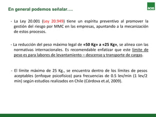 - La Ley 20.001 (Ley 20.949) tiene un espíritu preventivo al promover la
gestión del riesgo por MMC en las empresas, apuntando a la mecanización
de estos procesos.
- La reducción del peso máximo legal de «50 Kg» a «25 Kg», se alinea con las
normativas internacionales. Es recomendable enfatizar que este límite de
peso es para labores de levantamiento – descenso y transporte de cargas.
- El límite máximo de 25 Kg., se encuentra dentro de los límites de pesos
aceptables (enfoque psicofísico) para frecuencias de 0.5 lev/min (1 lev/2
min) según estudios realizados en Chile (Córdova et.al, 2009).
En general podemos señalar….
 