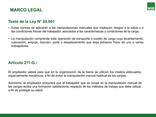 MARCO LEGAL
Texto de la Ley N° 20.001
• Estas normas se aplicarán a las manipulaciones manuales que impliquen riesgos a la salud o a
las condiciones físicas del trabajador, asociados a las características y condiciones de la carga.
• La manipulación comprende toda operación de transporte o sostén de carga cuyo levantamiento,
colocación, empuje, tracción, porte o desplazamiento que exija esfuerzo físico de uno o varios
trabajadores.
Artículo 211-G.-
El empleador velará para que en la organización de la faena se utilicen los medios adecuados,
especialmente mecánicos, a fin de evitar la manipulación manual habitual de las cargas.
Asimismo, el empleador procurará que el trabajador que se ocupe en la manipulación manual de
las cargas reciba una formación satisfactoria, respecto de los métodos de trabajo que debe utilizar,
a fin de proteger su salud.
 