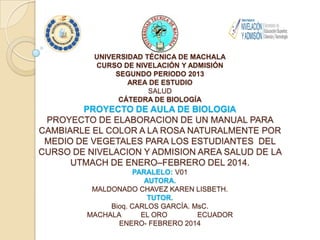 UNIVERSIDAD TÉCNICA DE MACHALA
CURSO DE NIVELACIÓN Y ADMISIÓN
SEGUNDO PERIODO 2013
AREA DE ESTUDIO
SALUD
CÁTEDRA DE BIOLOGÍA

PROYECTO DE AULA DE BIOLOGIA
PROYECTO DE ELABORACION DE UN MANUAL PARA
CAMBIARLE EL COLOR A LA ROSA NATURALMENTE POR
MEDIO DE VEGETALES PARA LOS ESTUDIANTES DEL
CURSO DE NIVELACION Y ADMISION AREA SALUD DE LA
UTMACH DE ENERO–FEBRERO DEL 2014.
PARALELO: V01
AUTORA.
MALDONADO CHAVEZ KAREN LISBETH.
TUTOR.
Bioq. CARLOS GARCÍA. MsC.
MACHALA
EL ORO
ECUADOR
ENERO- FEBRERO 2014

 
