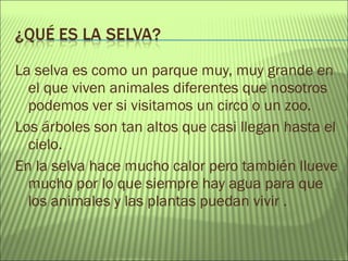 La selva es como un parque muy, muy grande en
el que viven animales diferentes que nosotros
podemos ver si visitamos un circo o un zoo.
Los árboles son tan altos que casi llegan hasta el
cielo.
En la selva hace mucho calor pero también llueve
mucho por lo que siempre hay agua para que
los animales y las plantas puedan vivir .
 