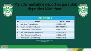 “Plan de marketing deportivo para club
deportivo Marathon”
GRUPO Nº 1
No. Nombre No. De Cuenta
1 Ada Betsy Peralta Osorto ...