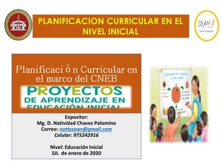 Proyectos de Aprendizajes
Expositor:
Mg. D. Natividad Chavez Palomino
Correo: nattysoan@gmail.com
Celular: 975242916
Nivel: Educación Inicial
SJL de enero de 2020
PLANIFICACION CURRICULAR EN EL
NIVEL INICIAL
 