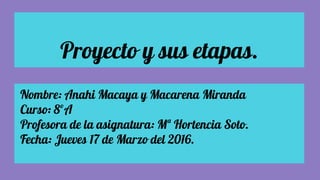 Proyecto y sus etapas.
Nombre: Anahi Macaya y Macarena Miranda
Curso: 8ºA
Profesora de la asignatura: Mª Hortencia Soto.
Fecha: Jueves 17 de Marzo del 2016.
 