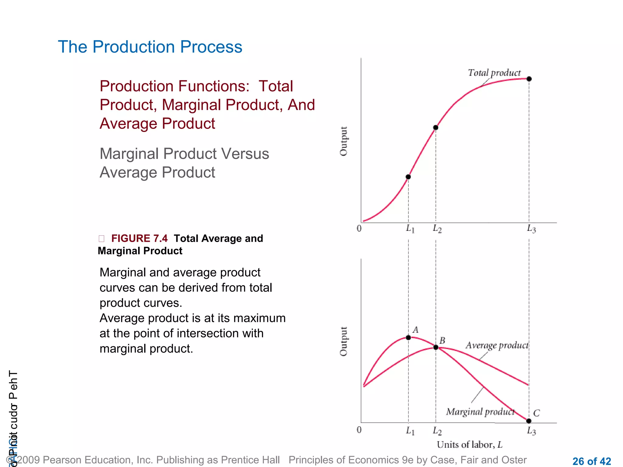 The Production Process
Production Functions: Total
Product, Marginal Product, And
Average Product
Marginal Product Versus
Average Product

 FIGURE 7.4 Total Average and
Marginal Product

r P not c udo P eh T
A HCi
r

Marginal and average product
curves can be derived from total
product curves.
Average product is at its maximum
at the point of intersection with
marginal product.

© 2009 Pearson Education, Inc. Publishing as Prentice Hall Principles of Economics 9e by Case, Fair and Oster

26 of 42

 