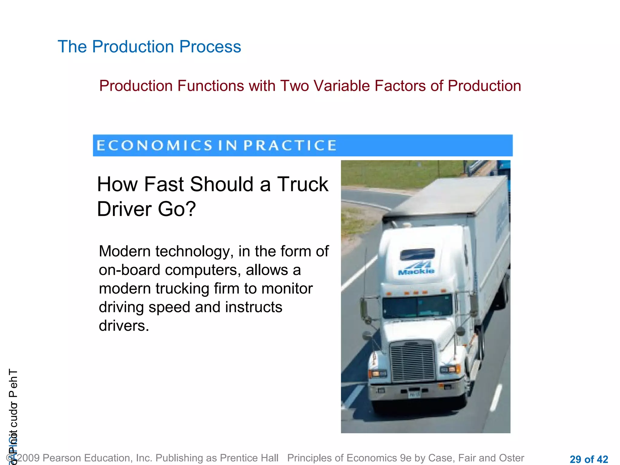 The Production Process
Production Functions with Two Variable Factors of Production

How Fast Should a Truck
Driver Go?

r P not c udo P eh T
A HCi
r

Modern technology, in the form of
on-board computers, allows a
modern trucking firm to monitor
driving speed and instructs
drivers.

© 2009 Pearson Education, Inc. Publishing as Prentice Hall Principles of Economics 9e by Case, Fair and Oster

29 of 42

 