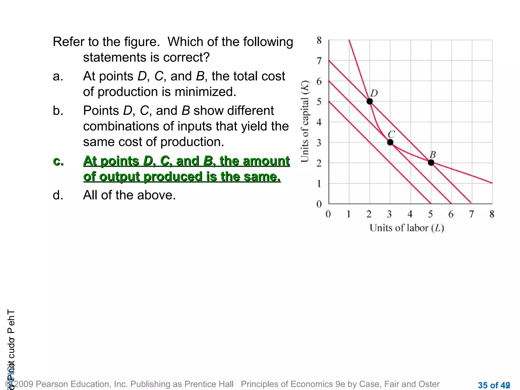 r P not c udo P eh T
A HCi
r

Refer to the figure. Which of the following
statements is correct?
a.
At points D, C, and B, the total cost
of production is minimized.
b.
Points D, C, and B show different
combinations of inputs that yield the
same cost of production.
c.
At points D, C, and B, the amount
of output produced is the same.
d.
All of the above.

© 2009 Pearson Education, Inc. Publishing as Prentice Hall Principles of Economics 9e by Case, Fair and Oster

35 of 42
49

 