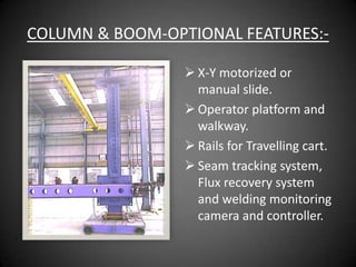 COLUMN & BOOM-OPTIONAL FEATURES:-

                  X-Y motorized or
                   manual slide.
                  Operator platform and
                   walkway.
                  Rails for Travelling cart.
                  Seam tracking system,
                   Flux recovery system
                   and welding monitoring
                   camera and controller.
 