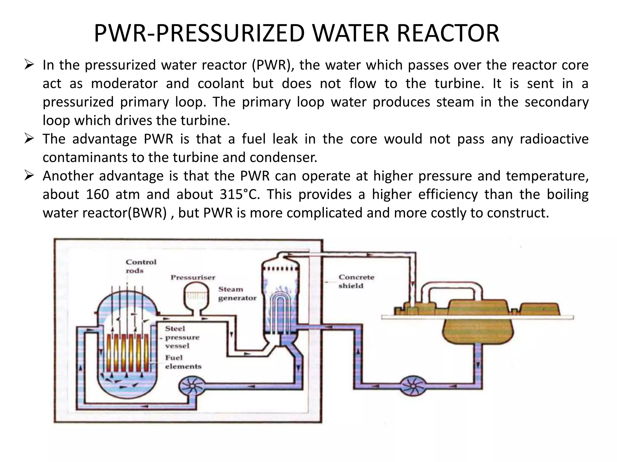 PWR-PRESSURIZED WATER REACTOR
 In the pressurized water reactor (PWR), the water which passes over the reactor core
act as moderator and coolant but does not flow to the turbine. It is sent in a
pressurized primary loop. The primary loop water produces steam in the secondary
loop which drives the turbine.
 The advantage PWR is that a fuel leak in the core would not pass any radioactive
contaminants to the turbine and condenser.
 Another advantage is that the PWR can operate at higher pressure and temperature,
about 160 atm and about 315°C. This provides a higher efficiency than the boiling
water reactor(BWR) , but PWR is more complicated and more costly to construct.
 