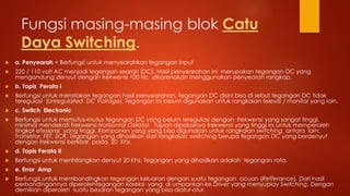 Fungsi masing-masing blok Catu
Daya Switching.
 a. Penyearah = Berfungsi untuk menyearahkan tegangan input
 220 / 110 volt AC menjadi tegangan searah (DC). Hasil penyearahan ini merupakan tegangan DC yang
mengandung denyut dengan frekwensi 100 Hz, dikarenakan menggunakan penyearah rangkap.
 b. Tapis Perata I
 Berfungsi untuk meratakan tegangan hasil penyearahan. Tegangan DC disini bisa di sebut tegangan DC tidak
teregulasi (Unregulated DC Voltage). Tegangan ini belum digunakan untuk rangkaian televisi / monitor yang lain.
 c. Switch Electronic
 Berfungsi untuk memutus-mutus tegangan DC yang belum teregulasi dengan frekwensi yang sangat tinggi,
minimal mendekati frekwensi Horizontal Osilator. Tujuan dipakainya frekwensi yang tinggi ini untuk memperoleh
tingkat efesiensi yang tinggi. Komponen yang yang bisa digunakan untuk rangkaian switching antara lain:
Transistor, FET, SCR. Tegangan yang dihasilkan dari rangkaian switching berupa tegangan DC yang berdenyut
dengan frekwensi berkisar pada 20 Khz.
 d. Tapis Perata II
 Berfungsi untuk menhilangkan denyut 20 Khz. Tegangan yang dihasilkan adalah tegangan rata.
 e. Error Amp
 Berfungsi untuk membandingkan tegangan keluaran dengan suatu tegangan acuan (Refferance). Dari hasil
perbandingannya diperolehtegangan koreksi yang di umpankan ke Driver yang menyuplay Switching. Dengan
demikian diperoleh suatu besaran tegangan yang bisa diatur-atur.
 