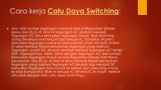 Cara kerja Catu Daya Switching:
 Arus dari sumber tegangan masuk ke blok UnRegulated (Dioda
kiprox dan Elco) di blok ini Tegangan AC dirubah menjadi
Tegangan DC terus kemudian tegangan masuk blok Switching
(yang dimaksud switching ini bisa berupa IC, Transistor, Mosfet )
kemudian tegangan masuk ke blok Inventer (Trafo Inti Ferit) di blok
ini akan kembali terjadi perubahan tegangan yang tadinya
Tegangan sudah DC dirubah kembali menjadi Tegangan AC tetapi
sifat tegangannya tidak sama dengan tegangan AC dari sumber.
Kemudian tegangan masuk ke blok Regulated (Dioda Half Wave,
penyearah dan Elco), di blok ini akan kembali terjadi perubahan
tegangan yang tadinya Tegangan AC dirubah lagi menjadi DC
kemudian Tegangan baru masuk ke beban dan ada yang masuk
ke blok Komporator (Blok ini berupa IC dimana IC ini masih terletak
satu blok dengan blok catu daya Switching ).
 