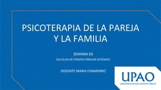 PSICOTERAPIA DE LA PAREJA
Y LA FAMILIA
SEMANA 03
ESCUELAS EN TERAPIA FAMILIAR SISTÈMICA
DOCENTE MARIA CHAMORRO
 