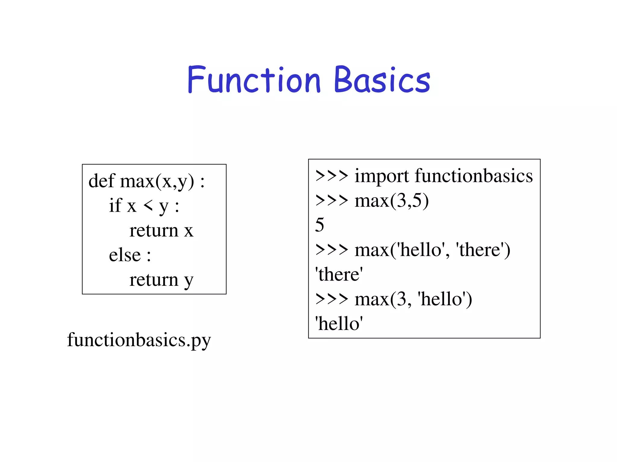 Function Basics
def max(x,y) :
if x < y :
return x
else :
return y
>>> import functionbasics
>>> max(3,5)
5
>>> max('hello', 'there')
'there'
>>> max(3, 'hello')
'hello'
functionbasics.py
 