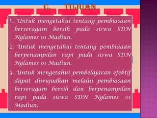 1. Untuk mengetahui tentang pembiasaan
 berseragam    bersih   pada   siswa   SDN
 Nglames 01 Madiun.
2. Untuk mengetahui tentang pembiaaan
 berpenampilan rapi pada siswa SDN
 Nglames 01 Madiun.
3. Untuk mengetahui pembelajaran efektif
 dapat diwujudkan melalui pembiasaan
 berseragam bersih dan berpenampilan
 rapi   pada   siswa    SDN    Nglames   01
 Madiun.
 