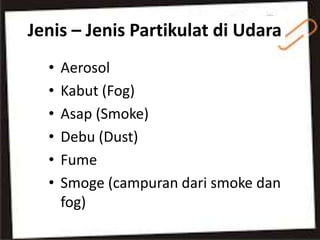 Jenis – Jenis Partikulat di Udara
• Aerosol
• Kabut (Fog)
• Asap (Smoke)
• Debu (Dust)
• Fume
• Smoge (campuran dari smoke dan
fog)
 