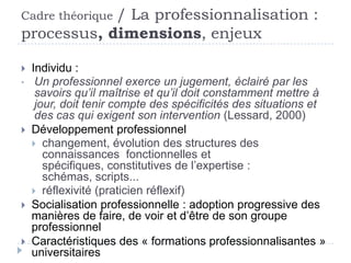 / La professionnalisation :
processus, dimensions, enjeux
Cadre théorique

Organisation :
 Amélioration du statut social
...