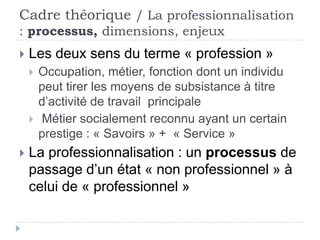 Cadre théorique / La professionnalisation
: processus, dimensions, enjeux
Processus socio-historique, contingent, variable...