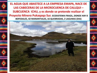 EL AGUA QUE ABASTECE A LA EMPRESA EMAPA, NACE DE
LAS CABECERAS DE LA MICROCUENCA DE CALLQUI –
SUBCUENCA ICHU, y es donde se pretende realizar el
Proyecto Minero Pukaqaqa Sur. ECOSISTEMA FRAGIL, DONDE HAY 8
BOFEDALES, 42 MANANTIALES, 16 QUEBRADAS, 2 LAGUNAS (DIA)
 