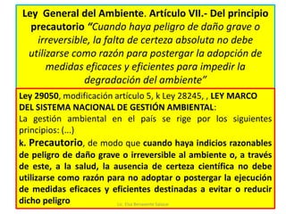 Ley General del Ambiente. Artículo VII.- Del principio
precautorio “Cuando haya peligro de daño grave o
irreversible, la falta de certeza absoluta no debe
utilizarse como razón para postergar la adopción de
medidas eficaces y eficientes para impedir la
degradación del ambiente”
Ley 29050, modificación artículo 5, k Ley 28245, , LEY MARCO
DEL SISTEMA NACIONAL DE GESTIÓN AMBIENTAL:
La gestión ambiental en el país se rige por los siguientes
principios: (...)
k. Precautorio, de modo que cuando haya indicios razonables
de peligro de daño grave o irreversible al ambiente o, a través
de este, a la salud, la ausencia de certeza científica no debe
utilizarse como razón para no adoptar o postergar la ejecución
de medidas eficaces y eficientes destinadas a evitar o reducir
dicho peligro Lic. Elsa Benavente Salazar
 