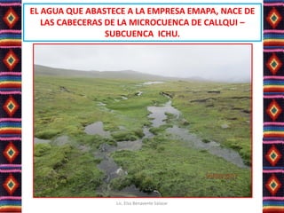 EL AGUA QUE ABASTECE A LA EMPRESA EMAPA, NACE DE
LAS CABECERAS DE LA MICROCUENCA DE CALLQUI –
SUBCUENCA ICHU.
Lic. Elsa Benavente Salazar
 