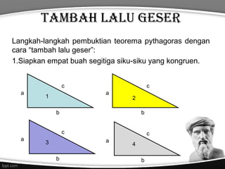 Tambah lalu geser
Langkah-langkah pembuktian teorema pythagoras dengan
cara “tambah lalu geser”:
1.Siapkan empat buah segi...