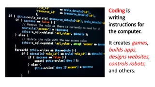 Coding is
writing
instructions for
the computer.
It creates games,
builds apps,
designs websites,
controls robots,
and others.
 