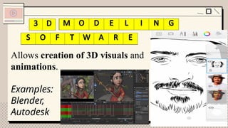 Allows creation of 3D visuals and
animations.
Examples:
Blender,
Autodesk
3 M D E I G
S F T A R
3 D M O D E L I N G
S O F T W A R E
 