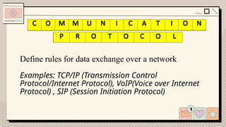 Define rules for data exchange over a network
Examples: TCP/IP (Transmission Control
Protocol/Internet Protocol), VoIP(Voice over Internet
Protocol) , SIP (Session Initiation Protocol)
C M M N C I N
P R T C L
C O M M U N I C A T I O N
P R O T O C O L
 