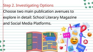 Step 2. Investigating Options
Choose two main publication avenues to
explore in detail: School Literary Magazine
and Social Media Platforms.
 