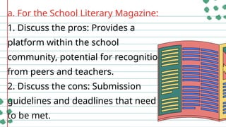 a. For the School Literary Magazine:
1. Discuss the pros: Provides a
platform within the school
community, potential for recognition
from peers and teachers.
2. Discuss the cons: Submission
guidelines and deadlines that need
to be met.
 