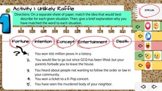 Activity 1: Unlikely Raffle
Fortune
You won 100 million pesos in a lottery.
1.
Directions: On a separate sheet of paper, match the idea that would best
describe for each given situation. Then, give a brief explanation why you
have matched the word to each situation.
EMOJIS
Intention Concept Entertainment Death
You would like to go out since GCQ has been lifted, but your
parents forbade you to leave the house.
You heard about people not wanting to follow the order or law in
your community.
You won a ticket to a K-Pop concert.
You have seen the murdered body of your neighbor.
2.
3.
4.
5.
 