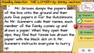 Mr. Graves dumps the papers out
of the box onto the ground and then
puts five papers in for the Hutchinsons.
As Mr. Summers calls their names, each
member of the family comes up and
draws a paper. When they open their
slips, they find that Tessie has drawn the
paper with the black dot on it. Mr.
Summers instructs everyone to hurry
up.
Paragraph 6
The
Lottery
Paragraph 7
Paragraph 8
Paragraph 9
Paragraph 10
Reading Selection: THE LOTTERY by Shirley Jackson
 