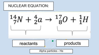 NUCLEAR EQUATION:
reactants products
Alpha particles - He
 