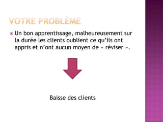  Un bon apprentissage, malheureusement sur
 la durée les clients oublient ce qu’ils ont
 appris et n’ont aucun moyen de « réviser ».




             Baisse des clients
 