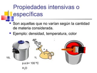 Propiedades intensivas o
específicas
 Son aquellas que no varían según la cantidad
de materia considerada.
 Ejemplo: densidad, temperatura, color
p.e.b= 100 ºC
H2O
1L10L
 