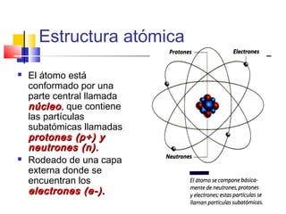 Estructura atómica
 El átomo está
conformado por una
parte central llamada
núcleonúcleo, que contiene
las partículas
subatómicas llamadas
protones (p+) yprotones (p+) y
neutrones (n).neutrones (n).
 Rodeado de una capa
externa donde se
encuentran los
electrones (e-).electrones (e-).
 
