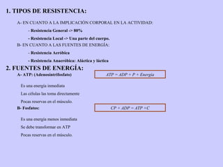 1. TIPOS DE RESISTENCIA:
   A- EN CUANTO A LA IMPLICACIÓN CORPORAL EN LA ACTIVIDAD:
         - Resistencia General -> 80%
...