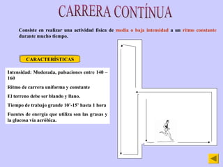 Consiste en realizar una actividad física de media o baja intensidad a un ritmo constante
     durante mucho tiempo.



  ...
