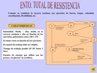 Consiste en combinar la carrera continua con ejercicios de fuerza, trepas, velocidad,
     coordinación, flexibilidad, etc...