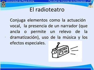 El radioteatro Conjuga elementos como la actuación  vocal,  la presencia de un narrador (que ancla o permite un relevo de la dramatización), uso de la música y los efectos especiales.   . 