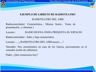 EJEMPLO DE LIBRETO DE RADIOTEATRO   RADIOTEATRO DEL AIRE Radiocontrolador: Característica.- Música fuerte.- Tema de  presentación..-( obertura )  Locutor.: RADIO BUENA ONDA PRESENTA SU ESPACIO Radiocontrolador : Sube y baja característica Locutor: .....¡ RADIOTEATRO DEL AIREeeeeee.....!   Narrador: Nos encontramos en casa de los García, precisamente en el  comedor (ruido de cubiertos). Padre: ¿Qué comeremos hoy? 