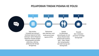 PELAPORAN TINDAK PIDANA KE POLISI
Penyidik
akan melakukan
penyitaan terhadap
barang bukti
4
Setelah
itu dilanjutkan
pemeriksaaan di Unit
Satuan Reskrim baik
Pelapor(saksi korban),
Saksi – Saksi, Pelaku
dan menyampaikan
alat bukti lainnya dan
barang bukti.
3
Saksi korban
(mewakili perusahaan)
membuat laporan ke Polisi
setempat Sentra Pelayanan
Kepolisian Terpadu dengan
menyampaikan peristiwa
pidananya, saksinya,
pelakunya dan berapa
kerugiannya
1
Selanjutnya
akan diberikan surat
tanda penerimaan
laporan (STPL)
2
 